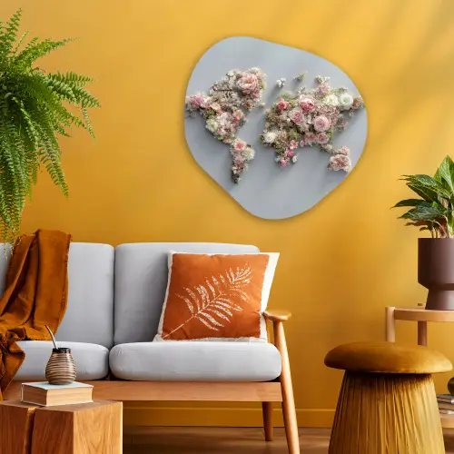 Wereldkaart - Rozen - Roze Wandcirkel Organisch Plexiglas middel -sfeer4
