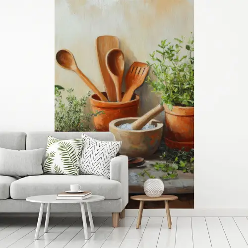 Potten - Kruiden - Hout fotobehang vinyl groot -woonkamer
