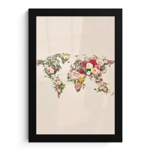 Wereldkaart - Bloemen - Roze fotolijst zwart zonder passe partout klein -3d