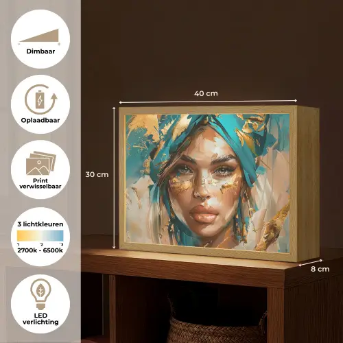Vrouw - Portret - Goud - Luxe - Blauw Light Box met batterij (Wandlamp) middel -USP_websiteoverzichtNL