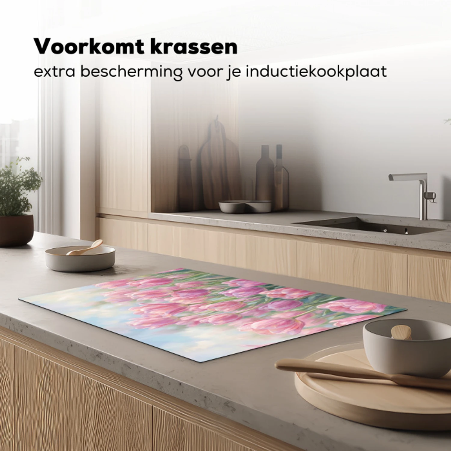Tulpen - Veld - Lente - Roze Inductie beschermer vinyl 3mm klein -sfeer1
