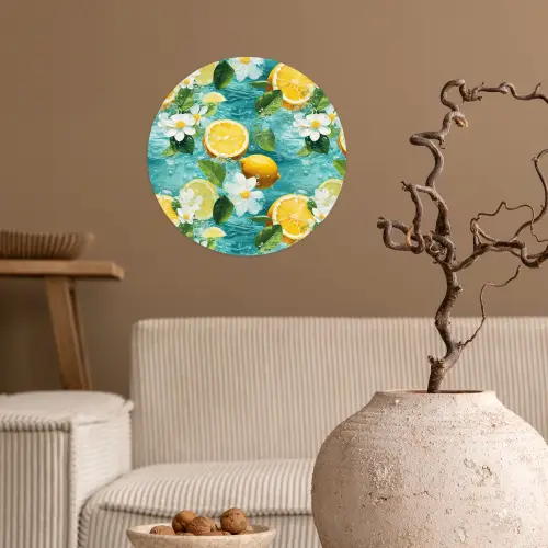 Citroen - Bloemen - Bruisend - Water Wandcirkel behangsticker klein 186 -sfeer1