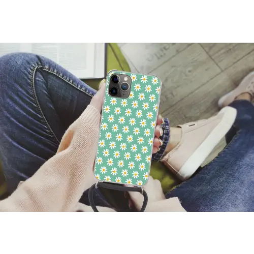 Madeliefjes - Patroon - Groen - Bloemen Hoesje iPhone 12 Pro met koord klein -hand