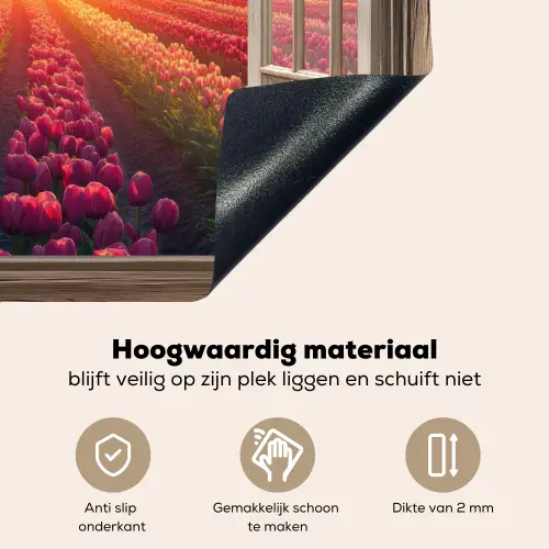Doorkijk - Tulpen - Zonsondergang - Bloemen - Kleurrijk Inductie beschemer met haakjes klein -ky-onderkant-nl