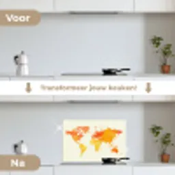 Wereldkaart - Oranje - Kleurrijk keuken achterwand spatscherm klein -voor_na_NL