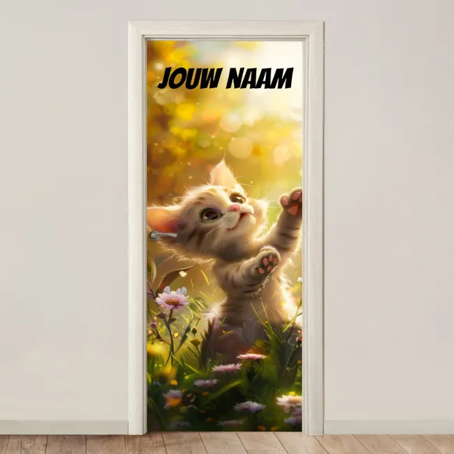 Deursticker met naam - Kitten - Bloemenveld - Zon
