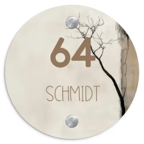 Boomsilhouet beige achtergrond - Modern Naambord Rond klein -3d