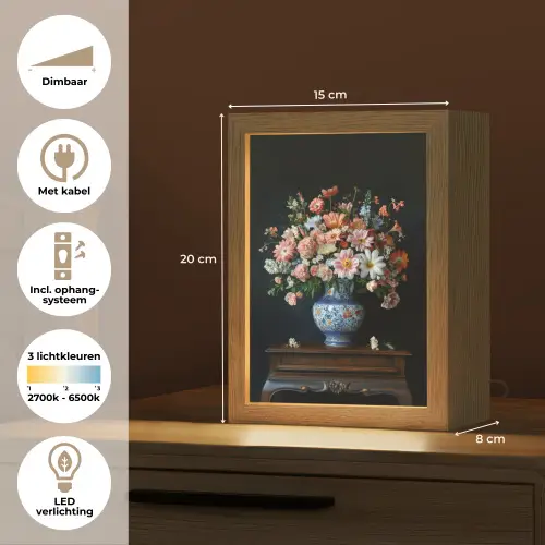 Hout - Vaas - Kleuren - Bloemen Light Box met kabel (Tafellamp) klein -USP_NL