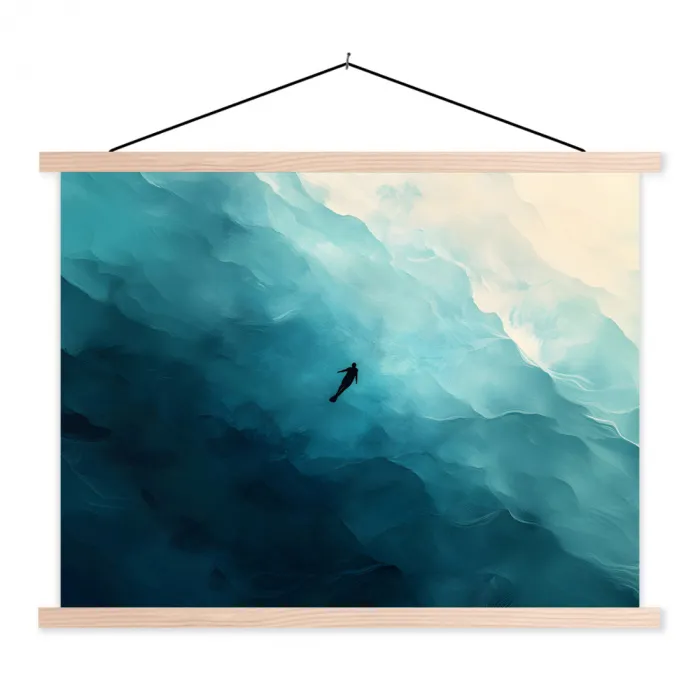 Zee - Silhouet - Abstract - Blauw textielposter latten blank klein -3d