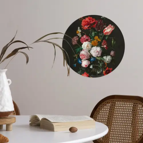Stilleven met bloemen in een glazen vaas - Schilderij van Jan Davidsz. de Heem Wandcirkel behangsticker klein -sfeer3
