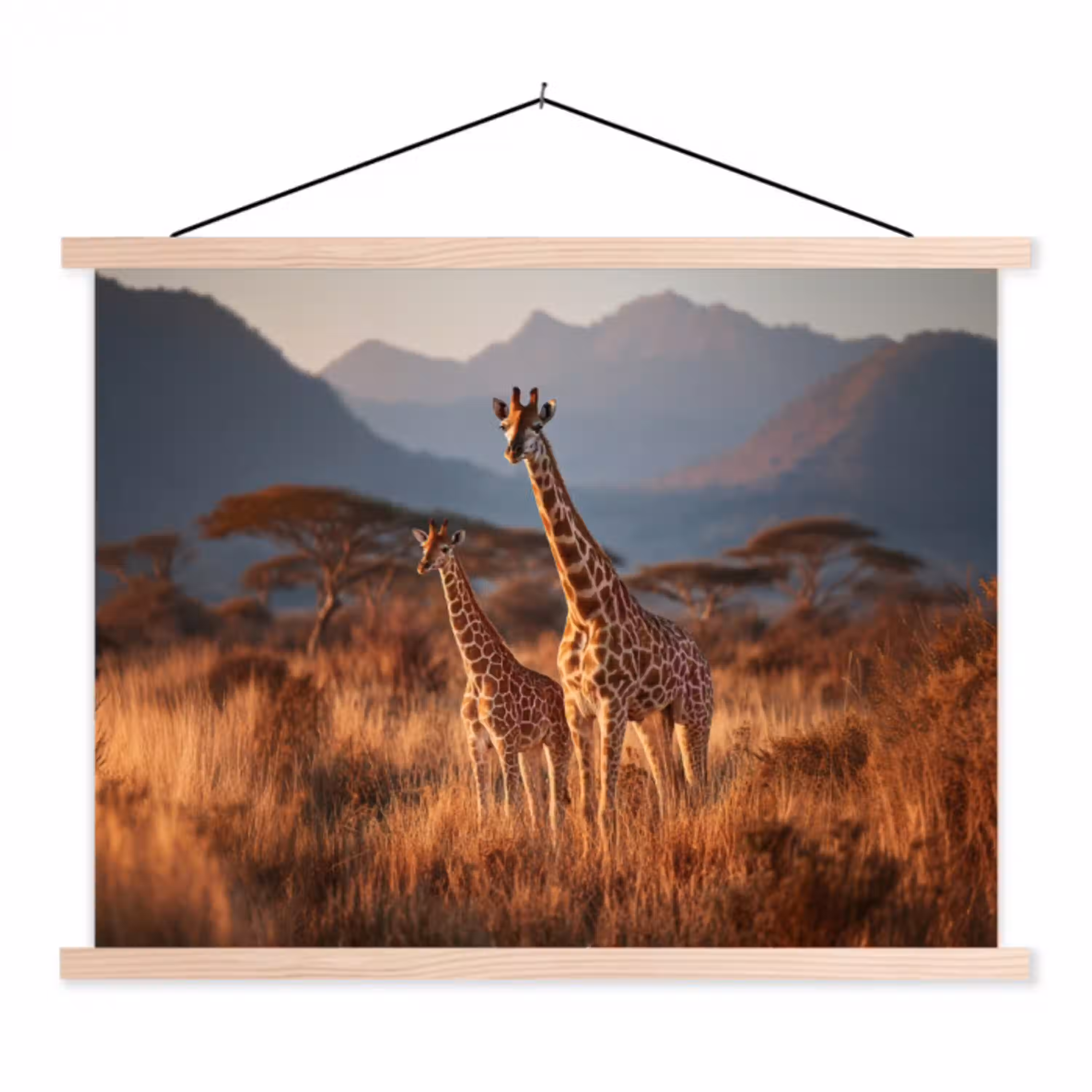 Giraffen - Hoog gras - Acaciabomen textielposter latten blank klein -3d