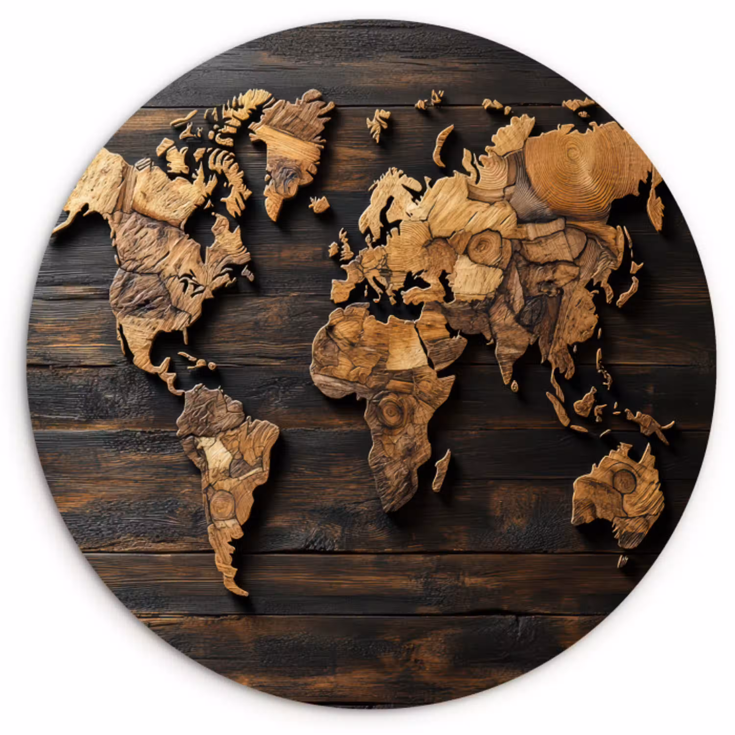 Wereldkaart -  Hout - Mozaïek Wandcirkel kunststof plaat 5mm dik klein -3d