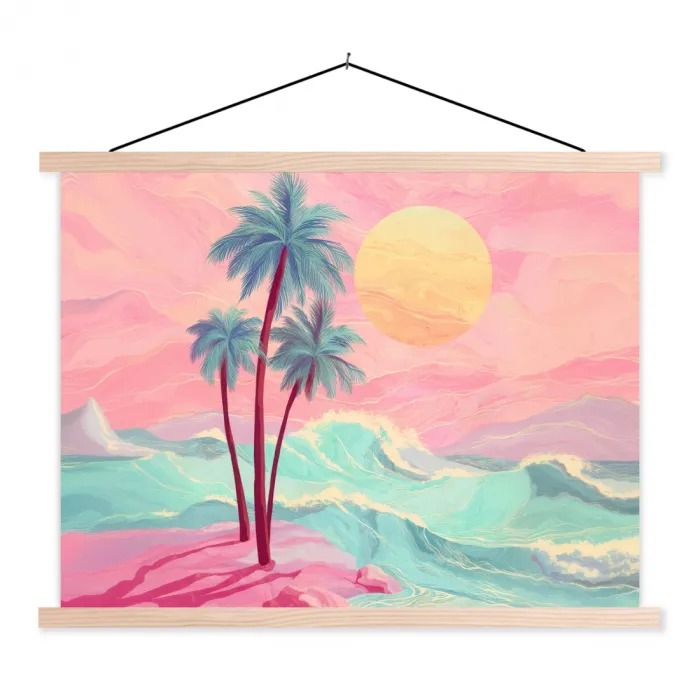 Palmbomen - Golven - Zee textielposter latten blank klein -3d