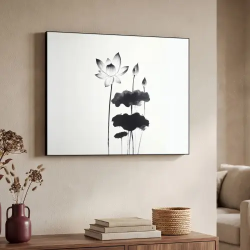 Bladeren - Zwart - Lotusbloem - Minimalitisch Textielframe zwart klein -sfeer3