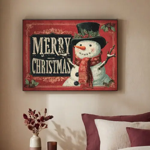 Klassiek - Kerstgroet - Sneeuwpop - Rood Textielframe zwart klein -sfeer1