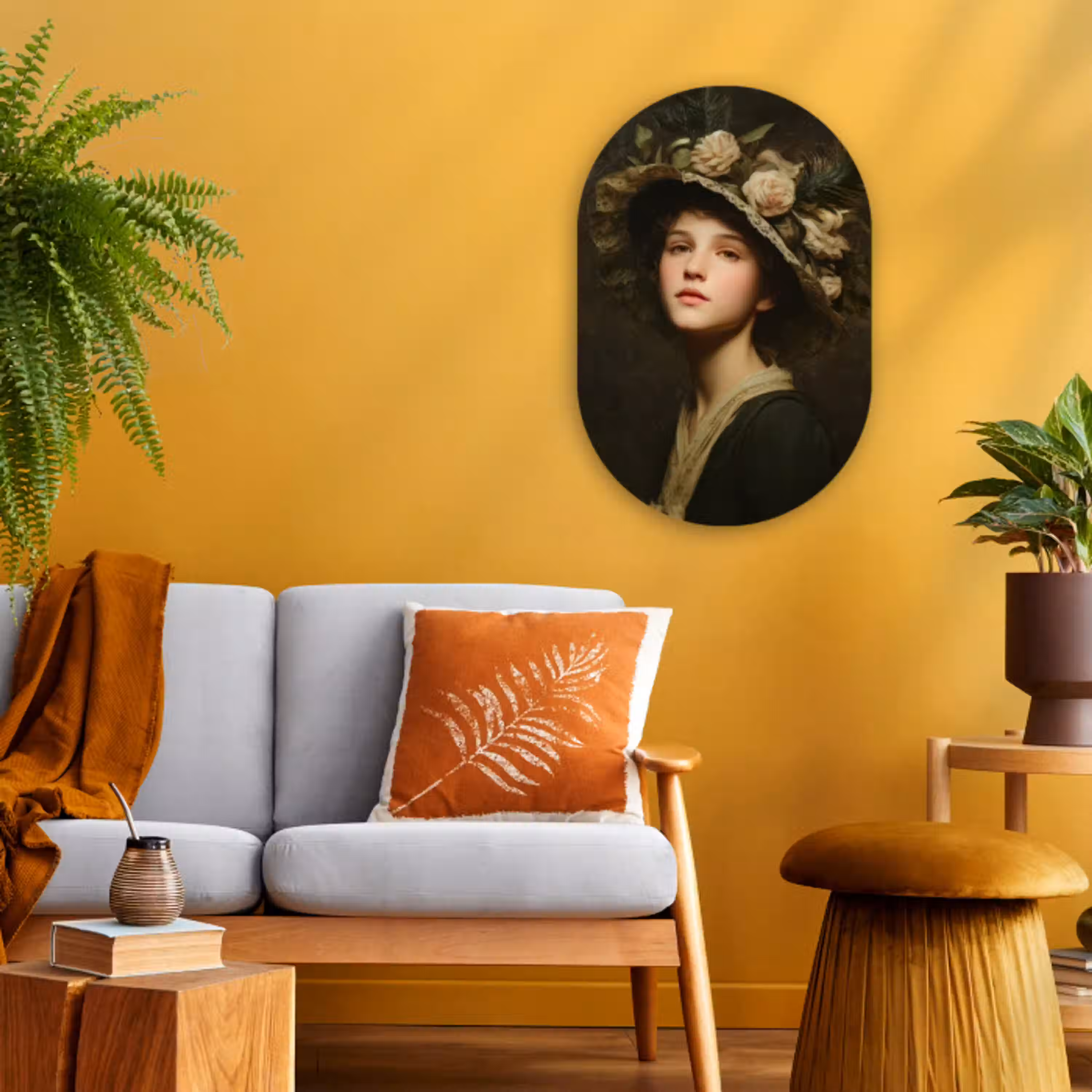 Bloemenhoed - Portret - Vrouw Wandcirkel Ovaal Forex klein -sfeer4