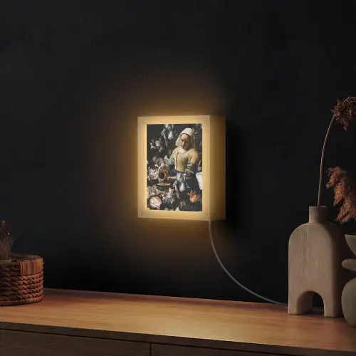 Melkmeisje - Johannes Vermeer - Bloemen - Blauw Light Box met kabel (Wandlamp) klein -sfeer1