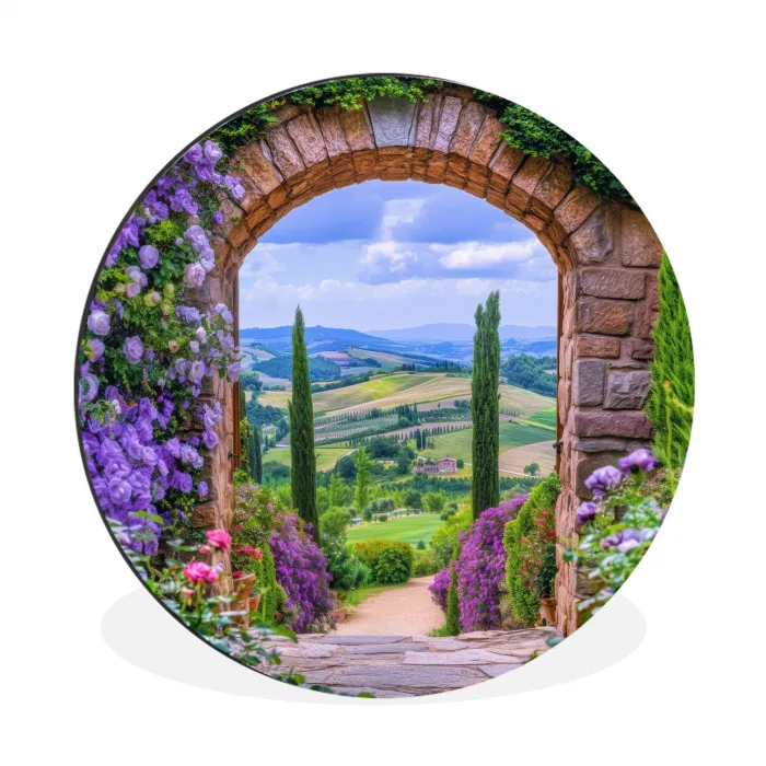Doorkijk - Toscane - Landschap - Poort Wandcirkel aluminium klein -3d