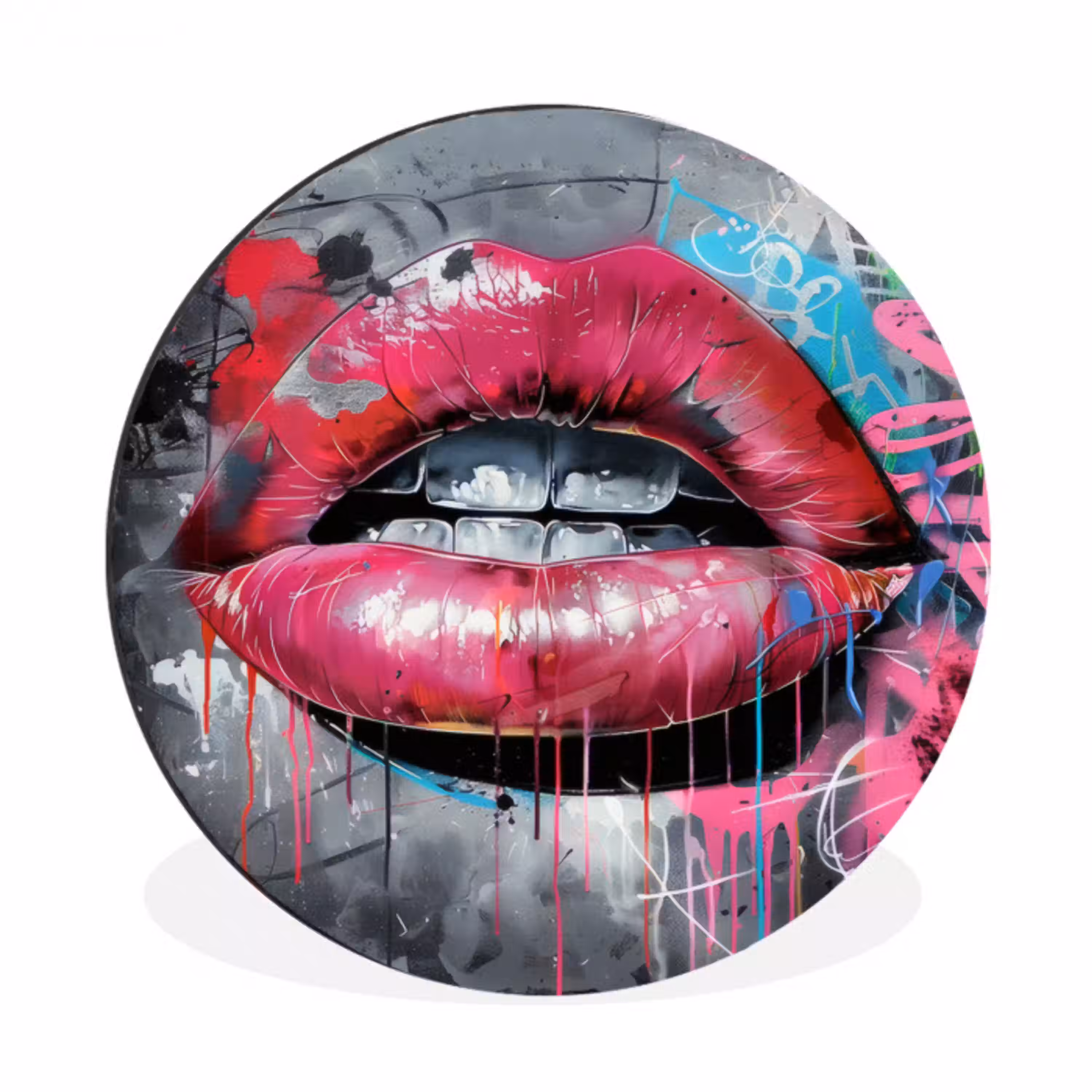 Lippen - Felroze - Graffiti - Verfstrepen Wandcirkel aluminium klein -3d