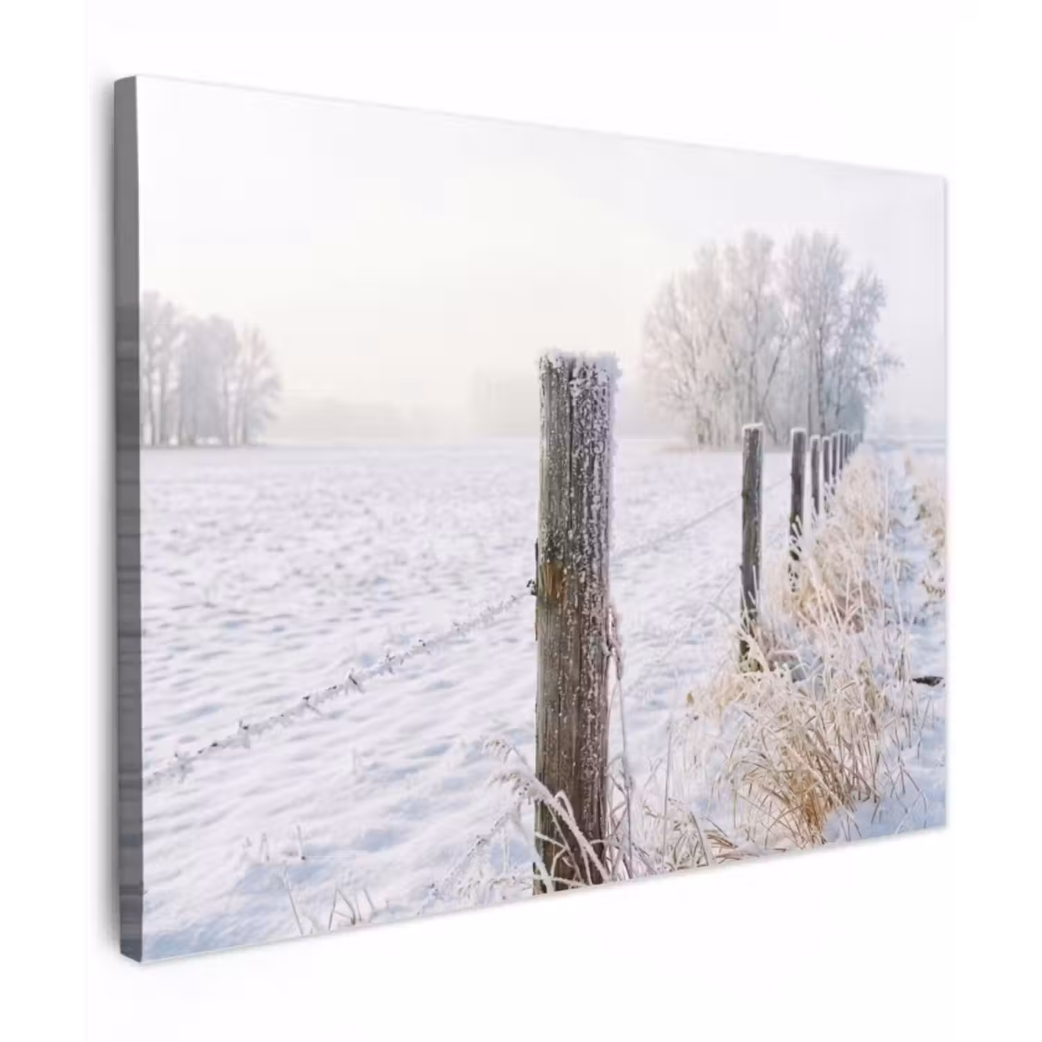 Canvas Print - Fence - Snow - Fog - Countryside - Nostalgic