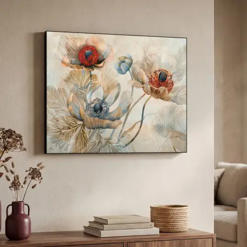 Bloemen - Beige - Modern - Illustratie Textielframe zwart klein -sfeer3