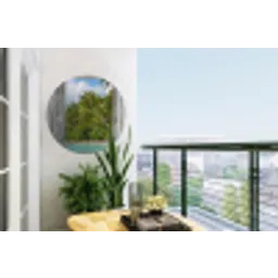 Palm - Zee - Doorkijk - Tropisch Wandcirkel tuinposter met ringen klein -buiten1