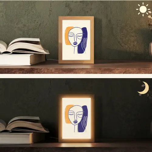 Minimalistisch - Gezicht - Hand - Oranje - Blauw Light Box met kabel (Tafellamp) klein -sfeer3