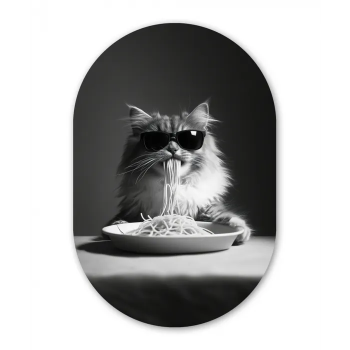 Langharige kat - Zonnebril - Spaghetti - Humor - Zwart - wit Wandcirkel Ovaal Glas middel -3d