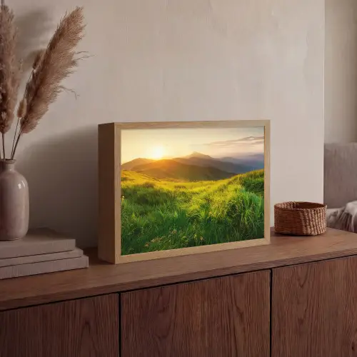 Gras - Heuvels - Zon - Natuur - Landschap Light Box met batterij (Wandlamp) middel -sfeer2