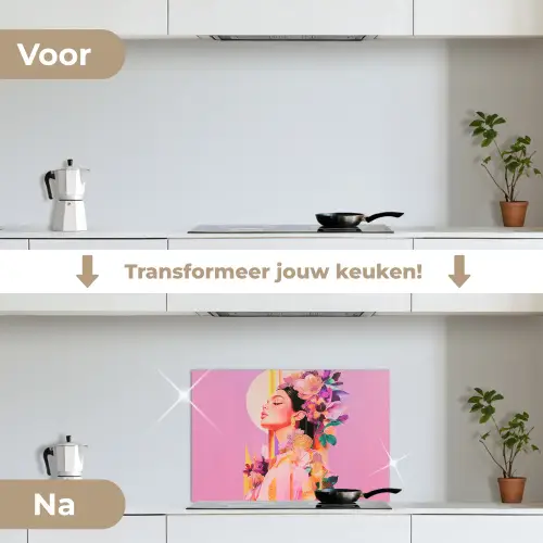 Vrouw - Bloemen - Paars - Abstract keuken achterwand spatscherm klein -voor_na_NL