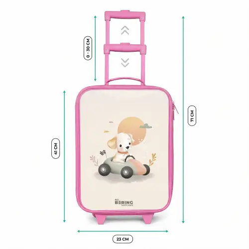 Puppy in een raceauto in beige kleuren Kinderkoffer - Roze klein -productfoto_formaten
