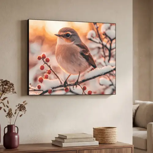 Vogel - Tak - Winter - Dieren - Sneeuw Textielframe zwart klein -sfeer3