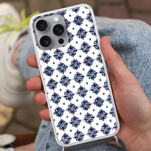Tegelmotief - Blauw - Wit - Bloem Hoesje iPhone 16 Pro Max met koord klein 804 -sfeer3