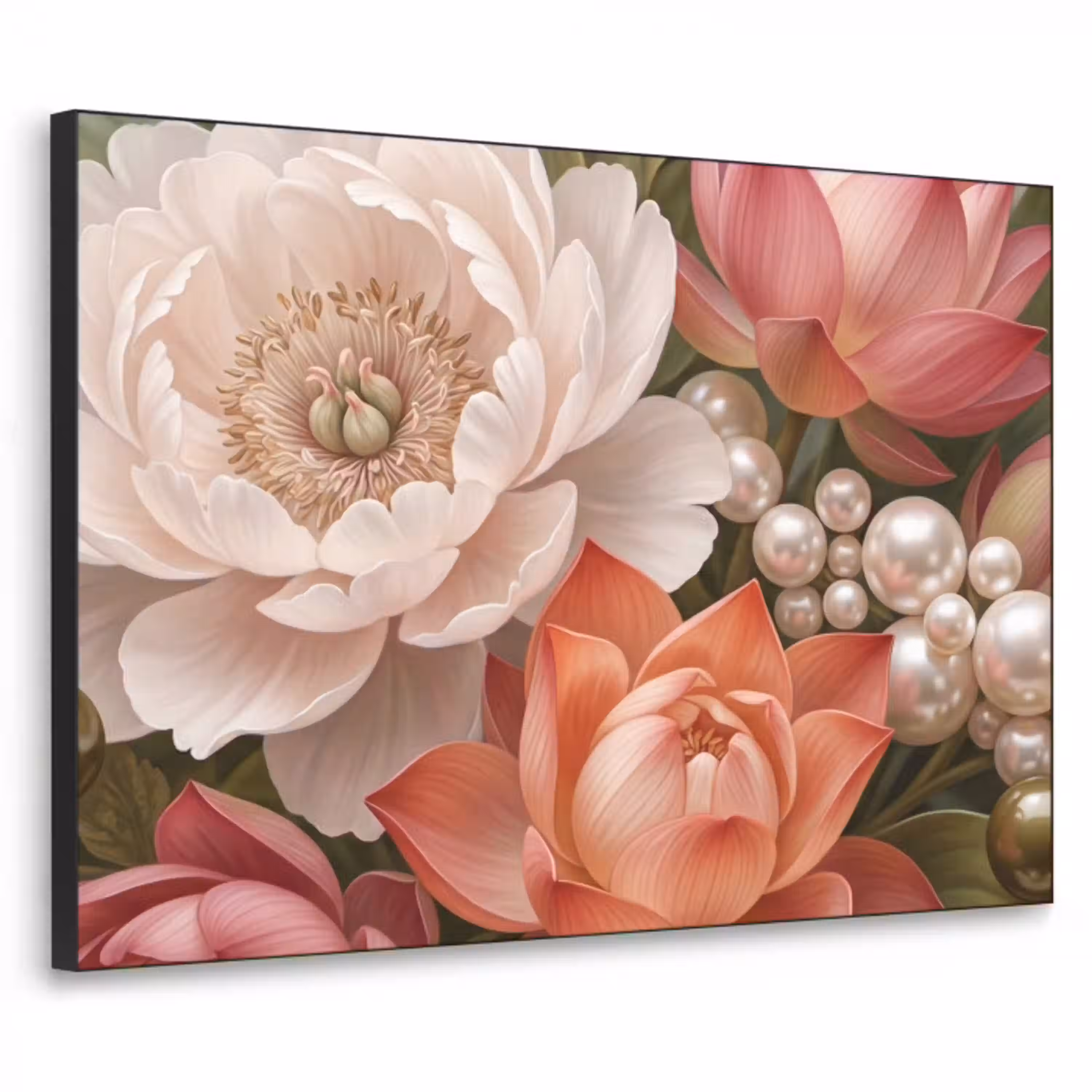 Bloemen - Parels - Elegant - Roze - Wit Textielframe zwart klein -3d