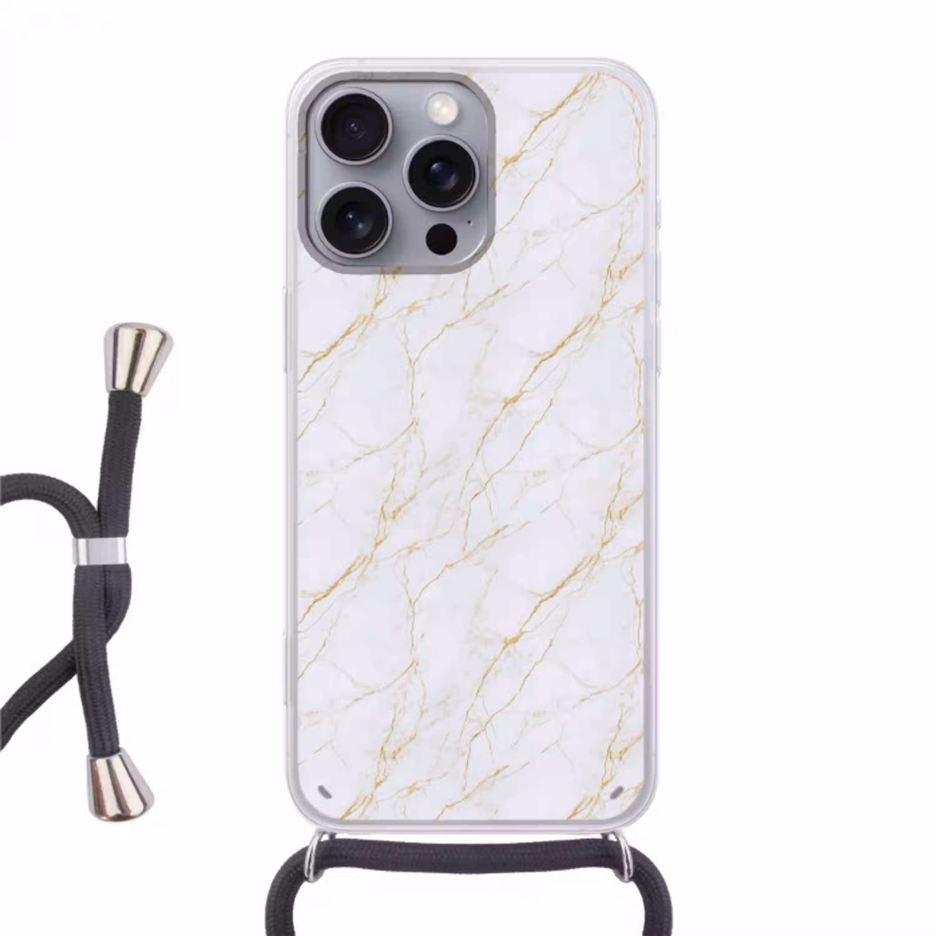 Wit - Marmer - Goud - Luxueus Hoesje iPhone 16 Pro Max met koord klein 804 -3d