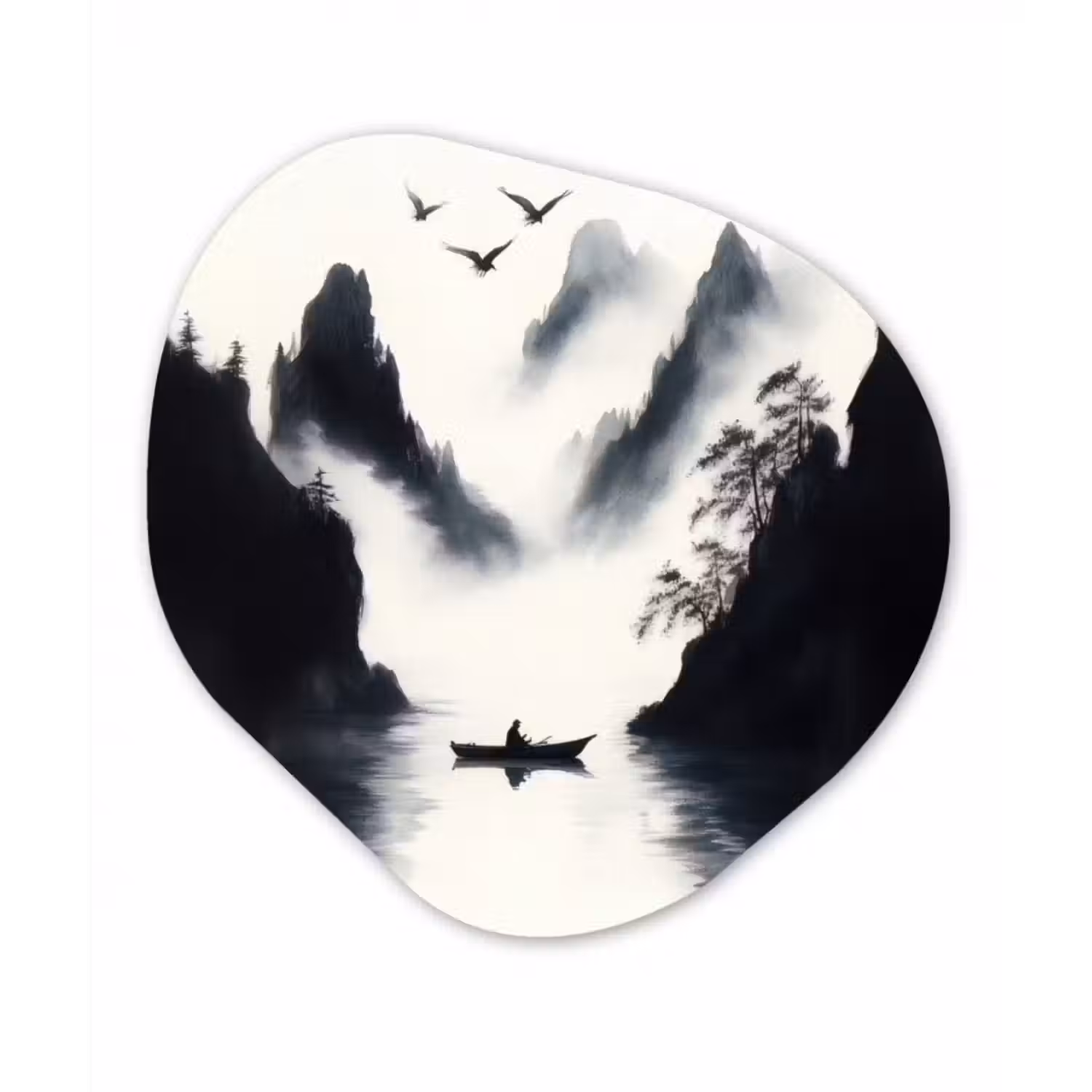 Glasbild Organische Form - Ruderboot - Neblig - Berge - Vögel
