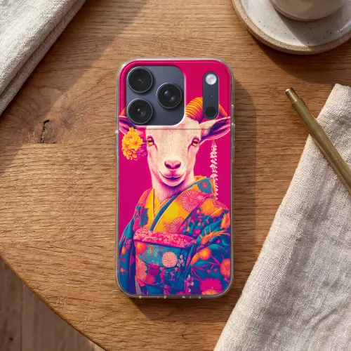 Geit - Hoorns - Kimono - Kleurrijk Telefoonhoesje iPhone 17 Pro klein -sfeer1