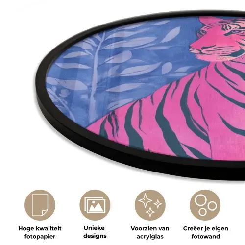 Tijger - Roze - Bladeren - Jungle Fotolijst rond zonder passe partout klein -closeup_NL