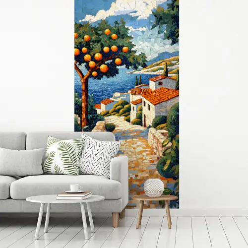 Huizen - Mozaïek - Sinaasappelbomen - Zee fotobehang vinyl groot -woonkamer
