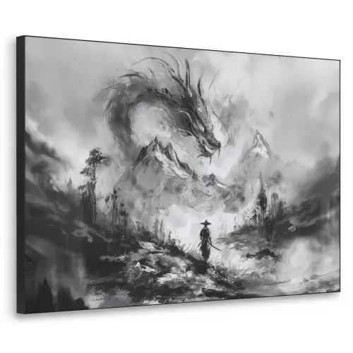 Krijger - Draak - Grijs Textielframe zwart klein -3d