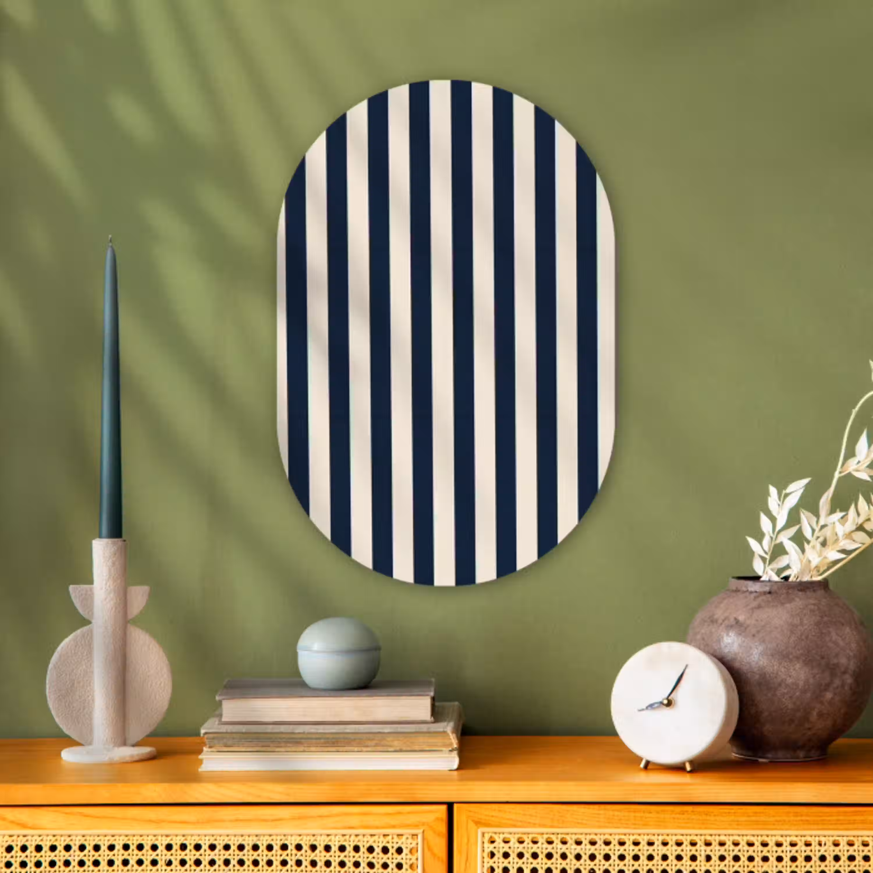 Verticale strepen - Blauw - Crème Wandcirkel Ovaal Forex klein 630 -sfeer2
