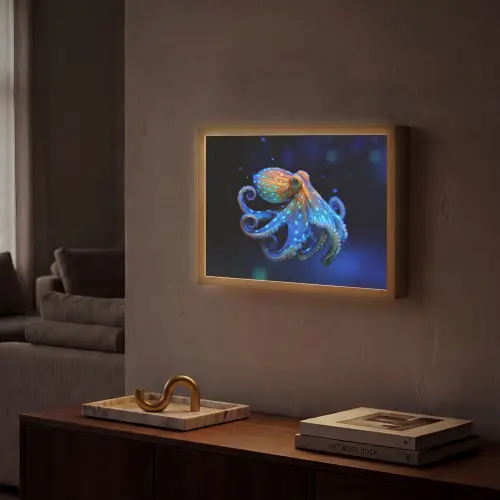 Octopus - Stippen - Blauw - Zee Light Box met batterij (Wandlamp) middel -sfeer1