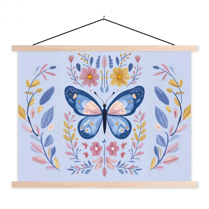 Vlinder - Lichtblauw - Sierlijk - Bloemen textielposter latten blank klein -3d