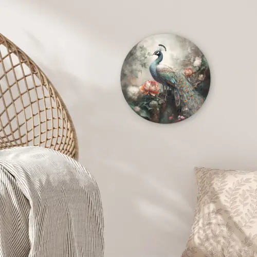 Pauw - Pauwenveren - Vogel - Jungle - Bloemen Wandcirkel kunststof plaat 5mm dik klein -sfeer5