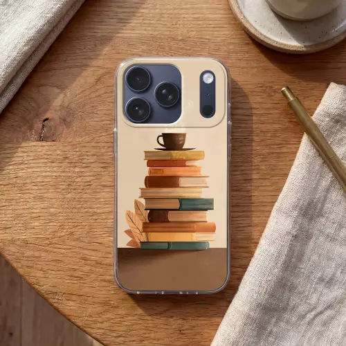 Boeken - Toren - Koffie - Beige Telefoonhoesje iPhone 17 Pro klein -sfeer1