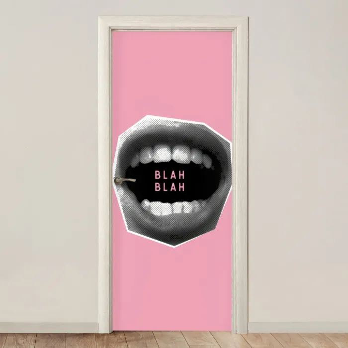Mond - BLAH BLAH - Roze deurposter klein -3d_beige