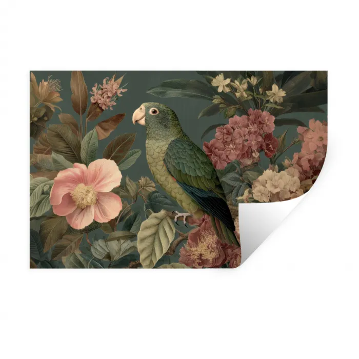 Groene papegaai - Kleurrijke bloemen - Donkere achtergrond Muursticker klein -3d