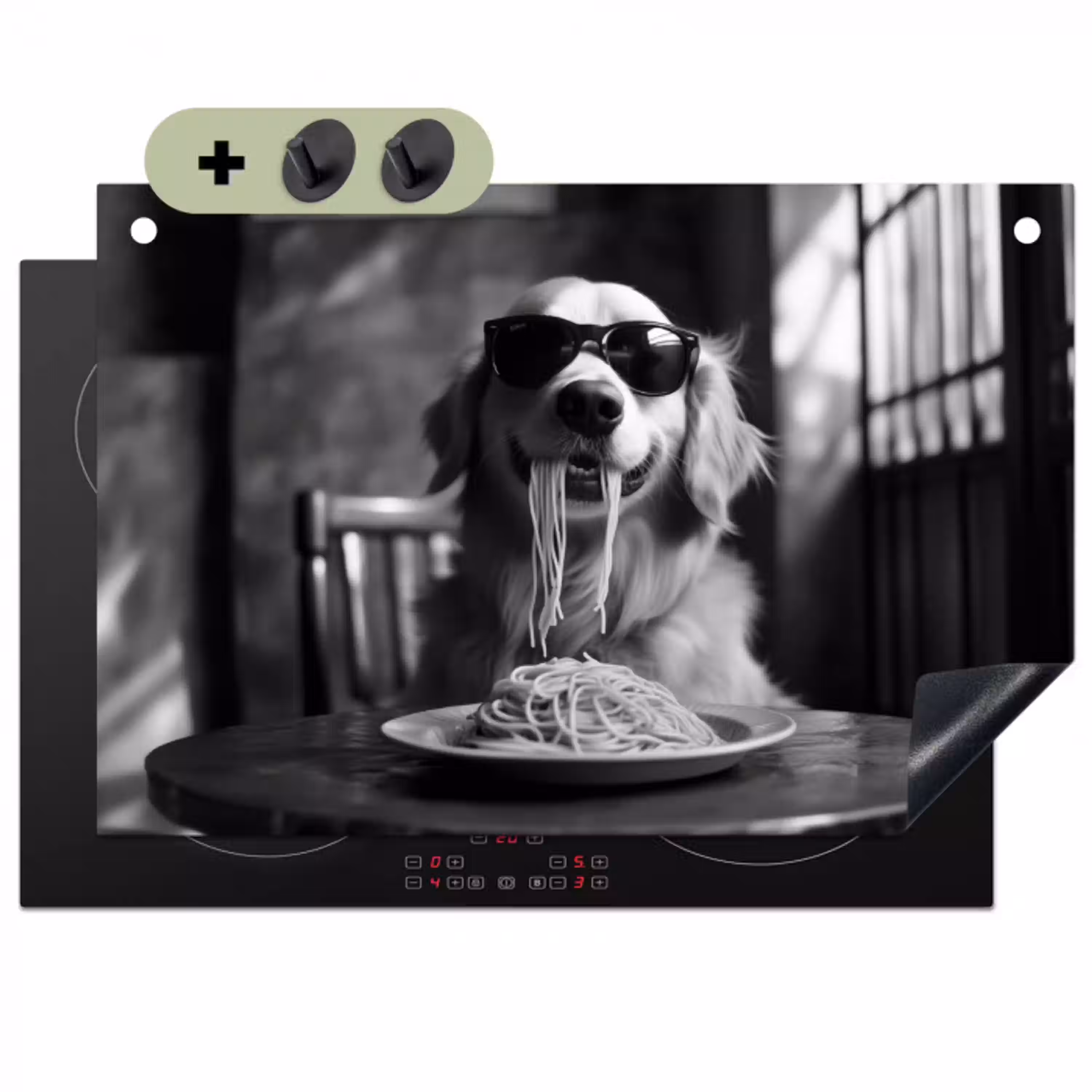 Golden Retriever - Hond - Vrolijk -  Bord spaghetti - Zwart - wit Inductie beschemer met haakjes klein -3d