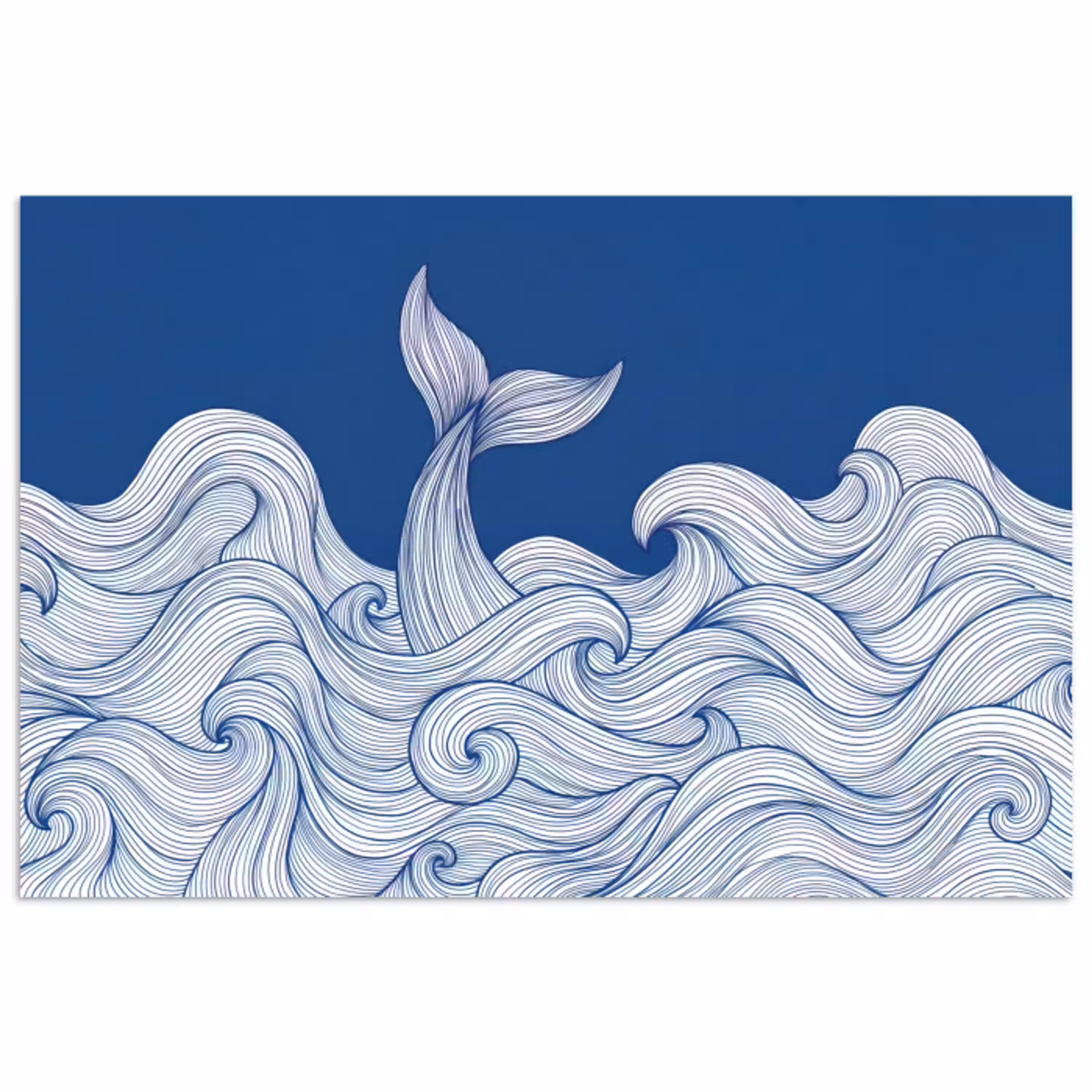 Walvis - Staart - Golven - Lijntekening - Blauw poster papier klein -3d