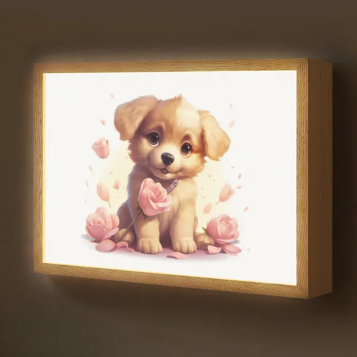 Hond - Bloemen - Roze - Meisjes - Kind Light Box met batterij (Wandlamp kind) middel -z3d_website
